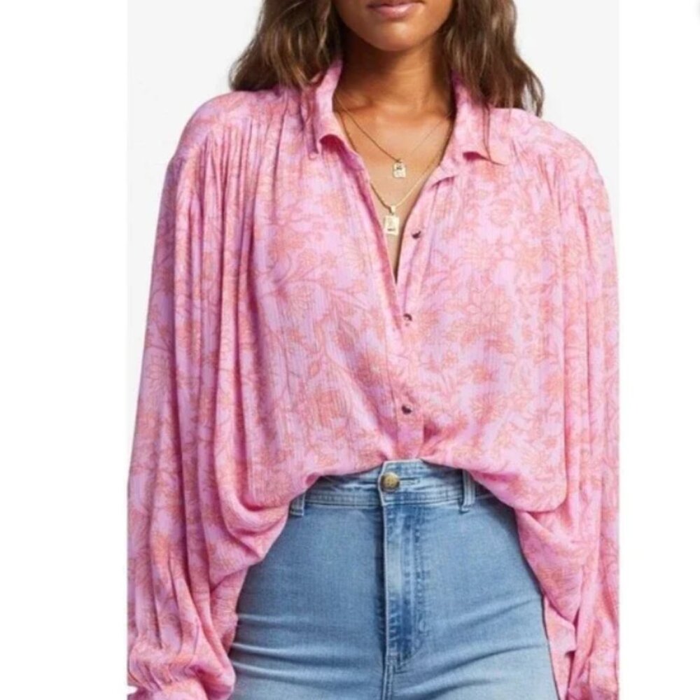 Billabong Women's Day After Day Oversized Button Down Floral Blouse Shirt Size L